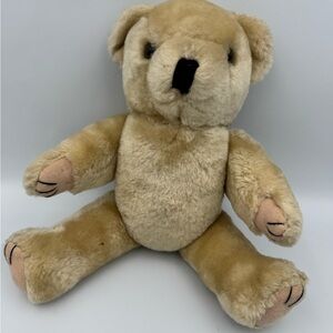 Vintage 1950s Jointed Teddy Bear Tan Plush Stuffed Animal Toy 13” Mid Century